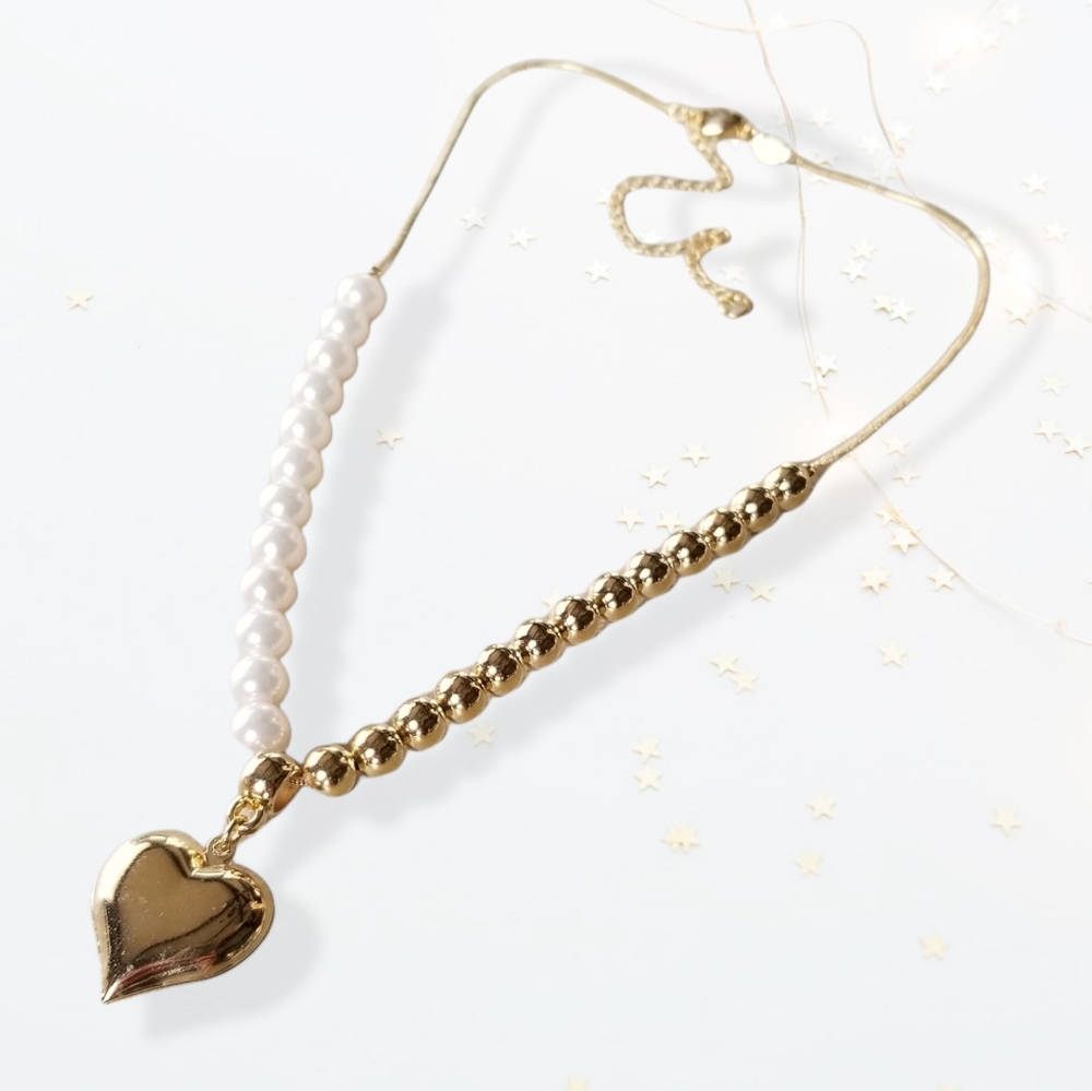 Hand Crafted 18k Gold Filled Mouse Tail Chain Faux Pearl Ball Bead Necklace